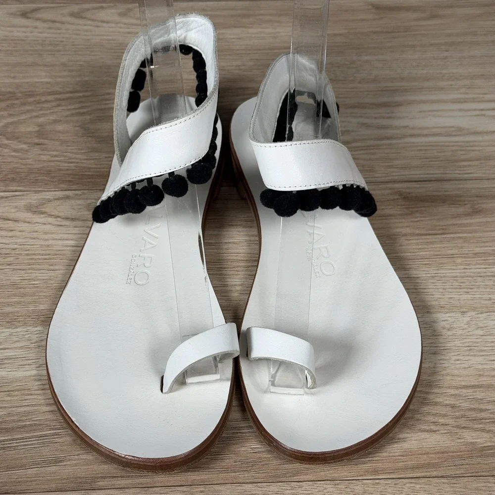 Alvaro Gonzalez Sandals Women 7.5 8 White Black Pom Pom Leather Flat Italy Made